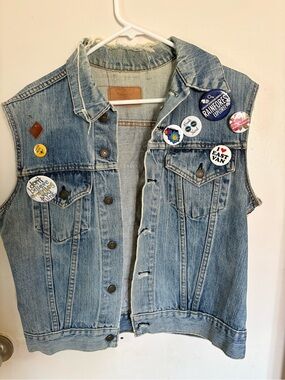 Light Wash Denim Vest with Button Front and Pinback Buttons
